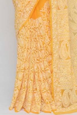 Orange Color Allover Hand Embroidered Lucknowi Chikankari Saree 2