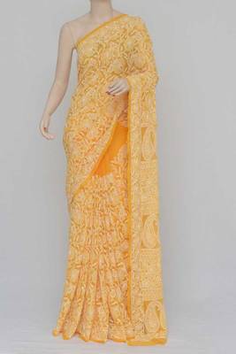 Orange Color Allover Hand Embroidered Lucknowi Chikankari Saree 3