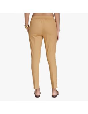 Beige Cotton Slim Fit Embroidered Cigarette Trousers For Women's 3
