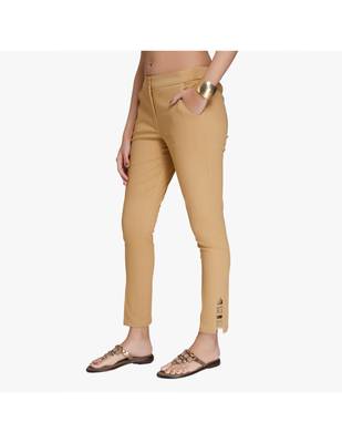 Beige Cotton Slim Fit Embroidered Cigarette Trousers For Women's 4