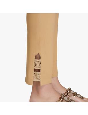 Beige Cotton Slim Fit Embroidered Cigarette Trousers For Women's 5