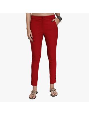 Maroon Cotton Slim Fit Embroidered Cigarette Trousers For Women's 1