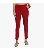 Maroon Cotton Slim Fit Embroidered Cigarette Trousers For Women's