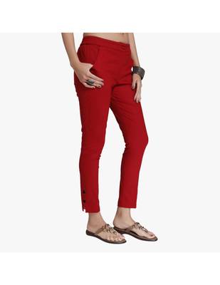 Maroon Cotton Slim Fit Embroidered Cigarette Trousers For Women's 4