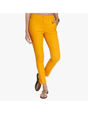 Mustard Cotton Slim Fit Embroidered Cigarette Trousers For Women's 1