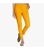 Mustard Cotton Slim Fit Embroidered Cigarette Trousers For Women's