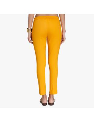 Mustard Cotton Slim Fit Embroidered Cigarette Trousers For Women's 3