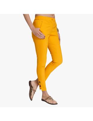 Mustard Cotton Slim Fit Embroidered Cigarette Trousers For Women's 4