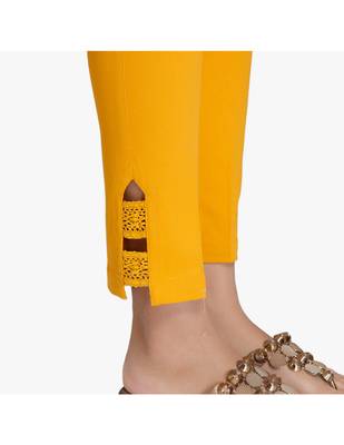 Mustard Cotton Slim Fit Embroidered Cigarette Trousers For Women's 5