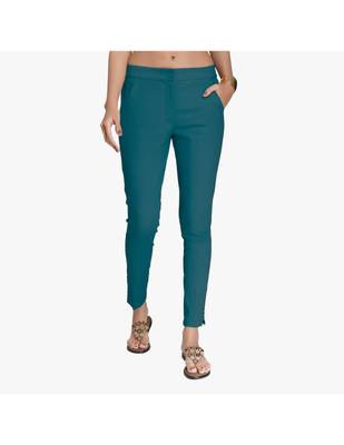 Teal Cotton Slim Fit Embroidered Cigarette Trousers For Women's 1