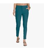 Teal Cotton Slim Fit Embroidered Cigarette Trousers For Women's