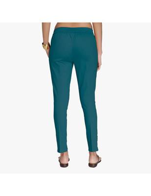 Teal Cotton Slim Fit Embroidered Cigarette Trousers For Women's 3