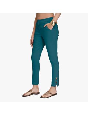 Teal Cotton Slim Fit Embroidered Cigarette Trousers For Women's 4
