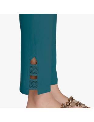 Teal Cotton Slim Fit Embroidered Cigarette Trousers For Women's 5