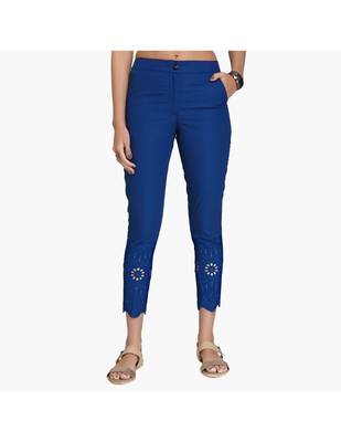 Blue Cotton Slim Fit Embroidered Cigarette Trousers For Women's 1