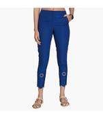 Blue Cotton Slim Fit Embroidered Cigarette Trousers For Women's