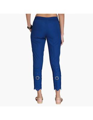 Blue Cotton Slim Fit Embroidered Cigarette Trousers For Women's 3