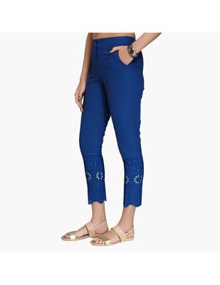 Blue Cotton Slim Fit Embroidered Cigarette Trousers For Women's 4