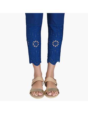 Blue Cotton Slim Fit Embroidered Cigarette Trousers For Women's 5