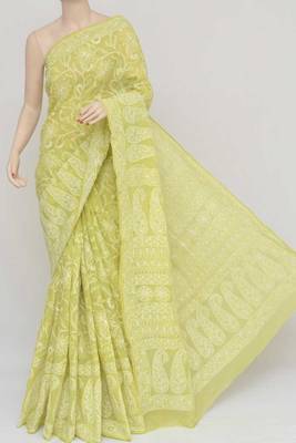Green Color Hand Embroidered Cotton Lucknowi Chikankari Saree 1