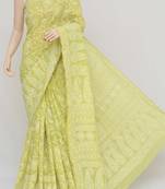 Green Color Hand Embroidered Cotton Lucknowi Chikankari Saree