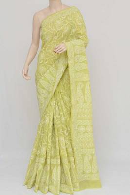 Green Color Hand Embroidered Cotton Lucknowi Chikankari Saree 3