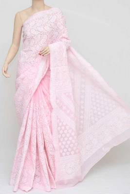 Pink Color Cotton Allover Work Hand Embroidered Lucknowi Chikankari Saree 1