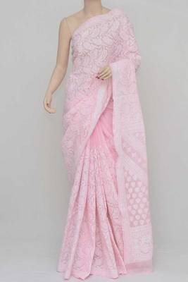 Pink Color Cotton Allover Work Hand Embroidered Lucknowi Chikankari Saree 3