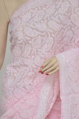 Pink Color Cotton Allover Work Hand Embroidered Lucknowi Chikankari Saree 5