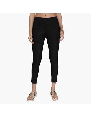 Black Cotton Slim Fit Embroidered Cigarette Trousers For Women's 1