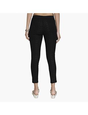 Black Cotton Slim Fit Embroidered Cigarette Trousers For Women's 3