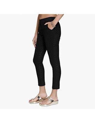 Black Cotton Slim Fit Embroidered Cigarette Trousers For Women's 4
