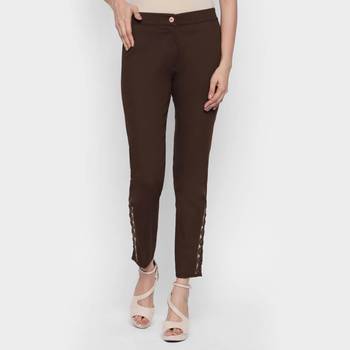 Brown Cotton Strech Drill Fabric Embroidered Slim Fit Cigarette Trousers For Women's 1