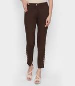 Brown Cotton Strech Drill Fabric Embroidered Slim Fit Cigarette Trousers For Women's
