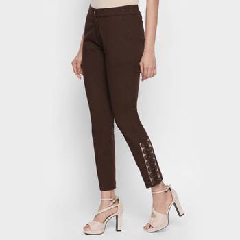 Brown Cotton Strech Drill Fabric Embroidered Slim Fit Cigarette Trousers For Women's 2