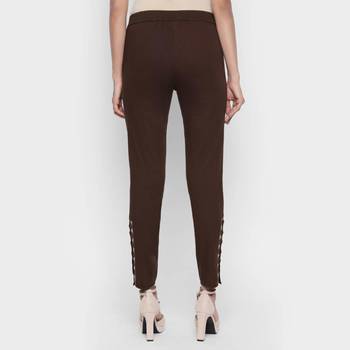Brown Cotton Strech Drill Fabric Embroidered Slim Fit Cigarette Trousers For Women's 3