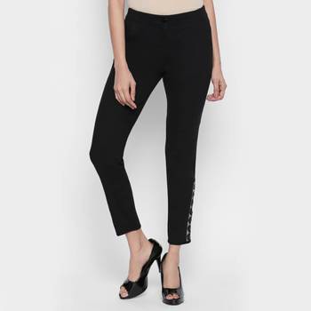 Black Cotton Strech Drill Fabric Embroidered Slim Fit Cigarette Trousers For Women's 1