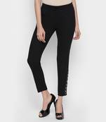 Black Cotton Strech Drill Fabric Embroidered Slim Fit Cigarette Trousers For Women's