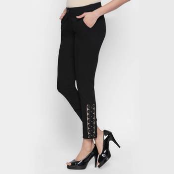 Black Cotton Strech Drill Fabric Embroidered Slim Fit Cigarette Trousers For Women's 2