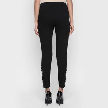 Black Cotton Strech Drill Fabric Embroidered Slim Fit Cigarette Trousers For Women's 3
