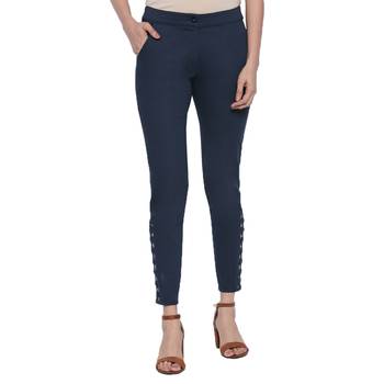 Blue Cotton Stretch Drill Fabric Slim Fit Embroidered Cigarette Pant For Women's 1