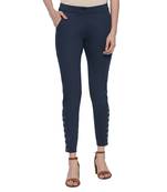 Blue Cotton Stretch Drill Fabric Slim Fit Embroidered Cigarette Pant For Women's