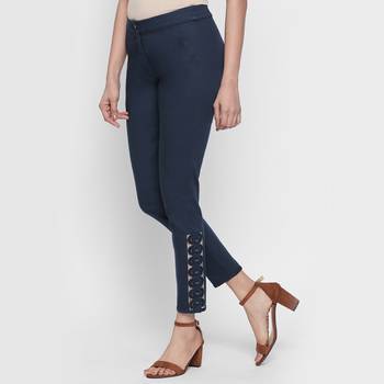 Blue Cotton Stretch Drill Fabric Slim Fit Embroidered Cigarette Pant For Women's 2
