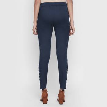 Blue Cotton Stretch Drill Fabric Slim Fit Embroidered Cigarette Pant For Women's 3