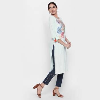 Blue Cotton Stretch Drill Fabric Slim Fit Embroidered Cigarette Pant For Women's 4