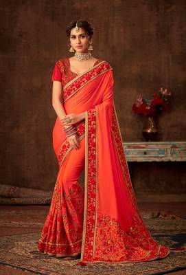 Orange Poly Silk Full Embroidered Fancy Designer Saree 1