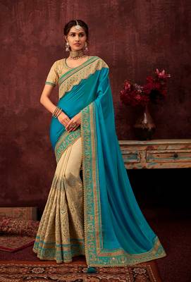Sky Blue and Beige Poly Silk Full Embroidered Half and Half Designer Saree 1