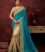 Sky Blue and Beige Poly Silk Full Embroidered Half and Half Designer Saree