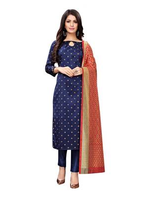 Navy Blue Banarasi Silk Jacquard Unstitched salwar with dupatta 1