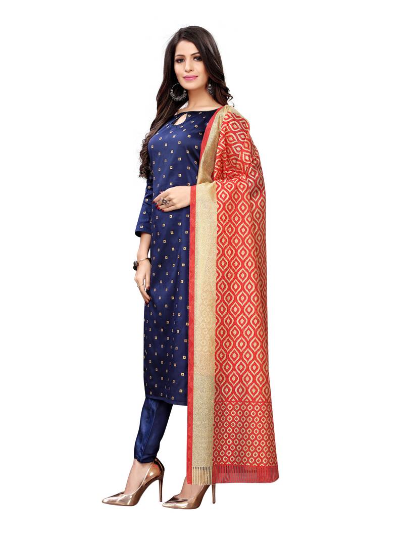 Navy Blue Banarasi Silk Jacquard Unstitched salwar with dupatta